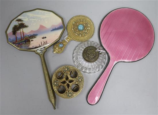 A gilt metal lipstick stand and matching mirror set seed pearls and turquoise and three other items